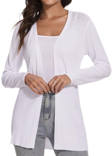 Famrrifuu Leichte Strickjacke Damen Jacke Dünn Lang Cardigan Sommer Langarm Elegant Casual Sommerjacke,Weiß,XXL
