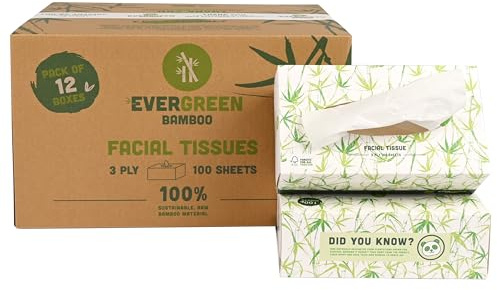 EVERGREEN BAMBOO Facial Tissue – 12 Boxes x 100 Sheets – 3-Ply Soft Bamboo Tissues – Eco-Friendly, Plastic-Free, Sustainable & Biodegradable