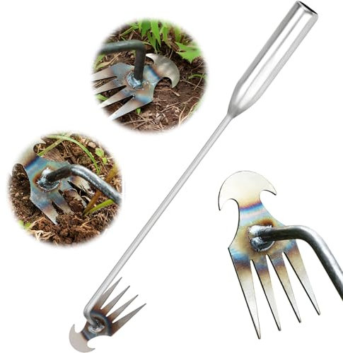 4 Teeth Weed Puller-19.6 inch Multifunctional Hand Weeder Garden Tools Dual Purpose Manual Weeders Tool Garden Weeder Rake for Home Garden (Silver)