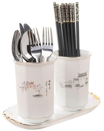 Porta Mestoli da Cucina Organizzatore portaposate in ceramica cinese, elegante portautensili stile lavaggio inchiostro for bancone della cucina, scolapiatti for posate da 2 pezzi Porta Posate Cucina