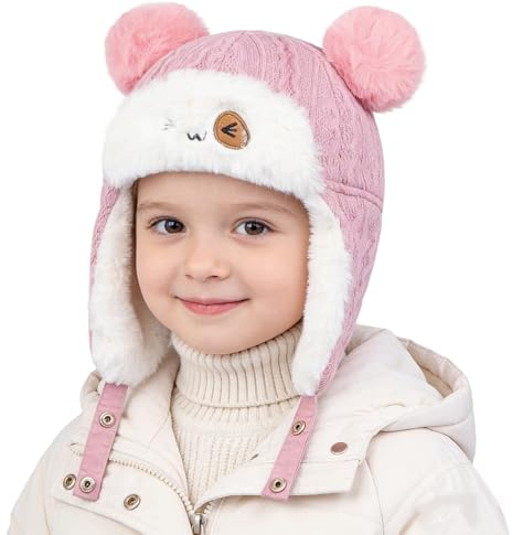 ITODA Bonnet Hiver pour Enfant Chapeau Chaud pour bébé en Tricot doublé de Polaire Cagoule Hiver avec Pompon pour Filles garçons Bonnet tricoté Hiver Chaud épais pour Les Enfants 5-36 Mois
