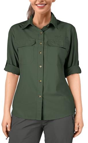 33,000ft Camicia da donna UPF50+, protezione UV, ad asciugatura rapida, per il tempo libero, a maniche lunghe, funzionale, per pesca, safari, viaggi, golf, verde scuro, L