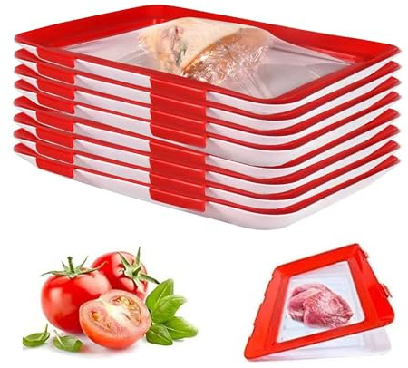 Hylruu Vacuum Fresh Storage Tray -8 PACK Reusable Creative Food Storage Container, Stackable Food Preservation Tray with Elastic Lid for Vegetable Fruit Meat Fish