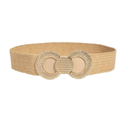 NihaoWXM Strohgeflochtener Damen-Taillengürtel mit Goldener Schnalle, handgewebter Gürtel FlechtgüRtel Damen