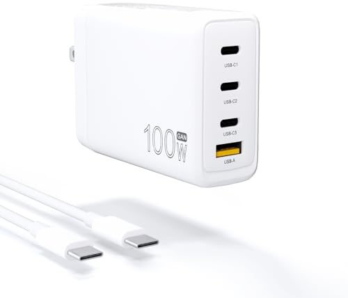 GaN 100W USB-C Laptop Charger，4-Port PD，Fast Charging Station，Fit for Lenovo, HP, ASUS, Samsung, MacBook Pro，Air，iPad Pro，Acer，Razer, Dell Laptop, Cell Phones，with 5ft Type C Cable
