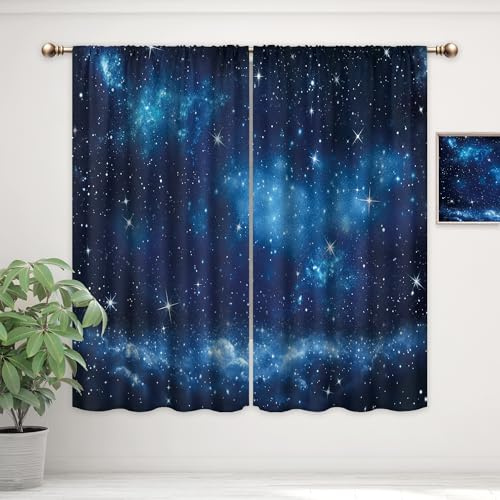 Mitpok Kids Space Galaxy Curtains for Boys Bedroom 42Wx63H Inch Rod Pocket Outer Space Neubla Blue Starry Night Sky Planet Universe Cosmic Fantasy 2 Panel Window Treatment Set for Living Room Decor