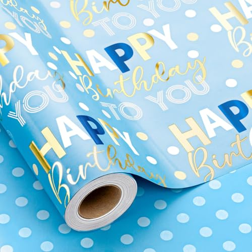 Wikadlik Blaues Geburtstags-Geschenkpapier, 43 cm x 10 m, mit Aufschrift Happy Birthday, wendbar, für Partys, Babyparty, Feiertage, Feiern