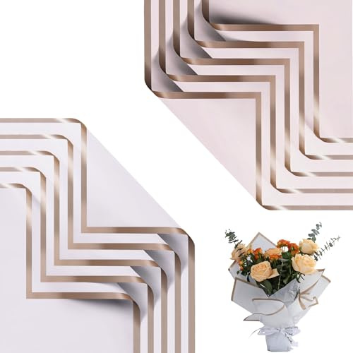 40 Blatt Blumenstrauß Geschenkpapier, Wasserfestes Blumenpapier 58 x 58cm Blumen Bouquet Papier mit Goldrand Rosa und Violett Sträuße Papier für Geburtstag Festival Hochzeit