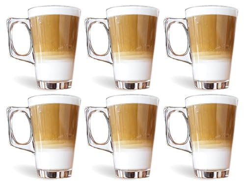 Lizzy 240 ml Latte Glasses Temperature Resistant Stylish Coffee/Tea Cups, Hot Drink Cafe Mugs - Ideal for Ice Cream Latte, Espresso, Cappuccino & Hot Chocolate Mugs with Handle (3)