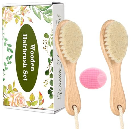 Baby Wooden Brush and Comb Set, 2Pcs Natural Goat Bristles Hair Brush with Cradle Cap Comb for Newborns Toddlers Newborn Boys Girls (Pink)