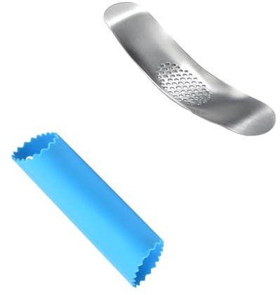 2 Stück Gebogene manuelle Knoblauchpresse, mit Silikon-Knoblauchschäler, Knoblauch Wippe Fleischwolf, Wippe Knoblauchwolf, Rostfrei Gebogene Knoblauchpresse, für Küchengeräte Knoblauchwerkzeuge