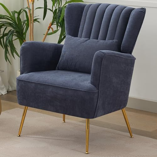 WUTUTUEE Fabric Accent Living Room Arm Chair with Pillow & Golden Legs, 8.5 Thick Cushion, Mid Century Modern Wingback Chairs Upholstered Comfy Sofa Armchair for Reading Room/Bedroom, Navy