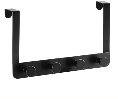 MACOLE Over Door Hook Rack with 4 Hooks, Extra Strong Coat Towel Clothes Hanger, Heavy Duty Stainless Steel, Rustproof, No Damage Install for Bedroom Bathroom Hallway, Black