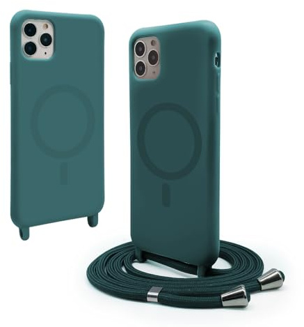 Handykette Hülle für iPhone 12(6.1)/iPhone 12 Pro(6.1) mit Band Halsband Lanyard (abnehmbar) Handyhülle, Verstellbarer Lanyard.Magnetisch Stoßfest Silikonhülle Wireless Charging kompatibel .-Grün