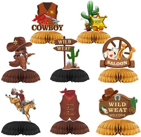 Fuwraixis Western Cowboy Honeycomb Ornament, Cowboy Requisiten Geburtstag Party Decoration, 8 STK Western Thema Wabe Mittelstücke, für Jugendliche und Erwachsenenfeste