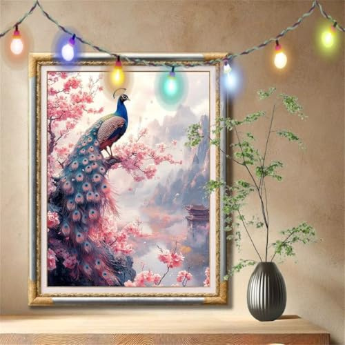 Pintura de Diamantes para Adultos,5D Flor de cerezo,Pavo real Diamond Painting,DIY Cuadro de Diamantes para Principiantes,Puzzle de Diamantes Para Regalos y Decoración del Hogar (90x120cm) 57F-4618