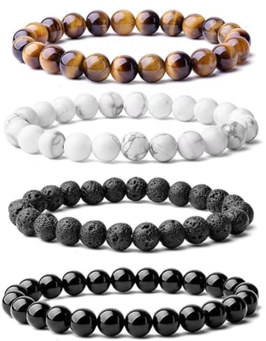 JUGUTA 4Er-Set Perlenarmband Herren, Stretch-Armbänder Herren, 8 Mm Perlenarmbänder Set, Verstellbares Schwarzes Kristall-Perlenarmband Perlen Armband Herren