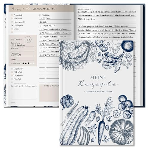 BIROYAL Rezeptbuch zum Selberschreiben A5, 120g Papier, Hardcover, Blau | Eigenes Kochbuch mit Umrechnungstabelle & Inhaltsverzeichnis, Platz für 100 Rezepte, Doppelseite pro Rezept, für Hobbyköche