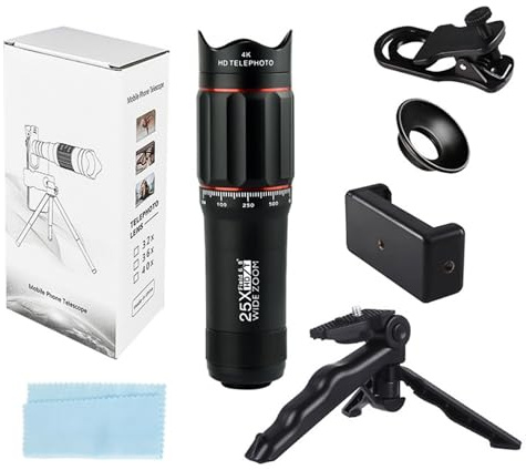 Kit de Tele de teleobjetivo de 25x 25x con compatibilidad con teléfonos Inteligentes Mini Soporte de trípode y Tela de Limpieza para Caminar para Acampar Observación de Vida