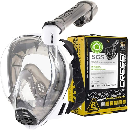 CRESSI Depuis 1946 - Komodo Full Face Masque intégral Dry pour Snorkeling Vision à 180° - CO2 Sûre - Silicone 100% Anti Buée - Tuba Latéral - Sangles Élastiques Réglables - Blanc/Noir - S/M