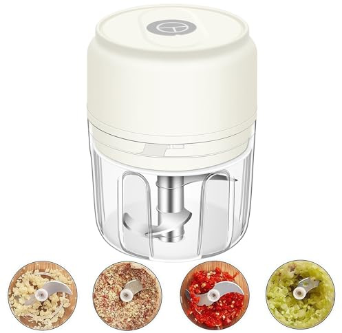 250ml (1 Cup) Electric Garlic Chopper, Portable Garlic Press, Wireless Mini Food Processor, Rechargeable Garlic Chopper Mincer for Ginger, Chili, Onion, Minced Meat and Spices (White)