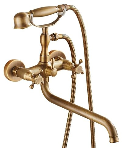 Bagno in rame rubinetto vasca split a parete doccia semplice, doccia, telefono a fondo piatto - bocca lunga