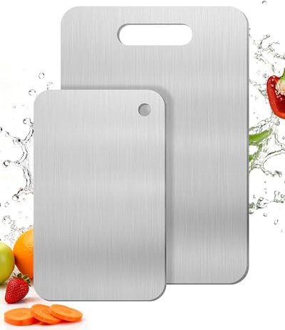 Set de 2 tablas de cortar de acero inoxidable – Tabla de cortar acero inoxidable de doble cara, ideal como tabla cortar cocina para carne, pan, gran superficie de corte (34 × 23 cm + 25 × 15 cm)