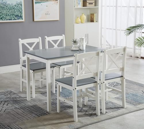 mcc direct Classic Solid Wooden Dining Table and 4 Chairs Set Kitchen Home [Light Grey/White/natural] (Light Grey)