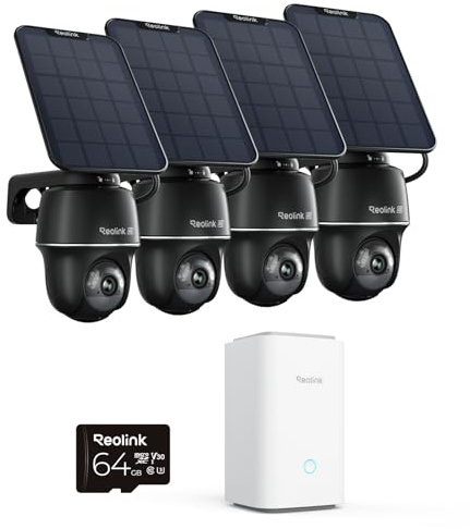 Reolink 4K Überwachungskamera Aussen Solar, 360°/140° Schwenk-/Neige, Auto-Tracking,Erweiterbarer Lokaler Speicher, Erweiterte Verschlüsselung, Argus PT Ultra Schwarz×4+Home Hub