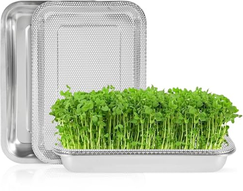 Seed Sprouting Trays, 2 Pack Stainless Steel Germination Seedling Trays with Fine Mesh Sprouter Trays, Microgreens Growing Kit, Healthy Hydroponic Propagator for Mung Beans, Alfalfa, Wheat Grass