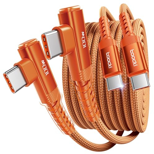 toocki 100W USB C till USB C-kabel [2M, 2-pack], PD3. 1 Nylon Laddningskabel 90 Grader Kompatibel med iPhone 17 16 Pro Max MacBook iPad Samsung S26 Note 20 Pixel Dell Steam Deck Laptops(Orange)