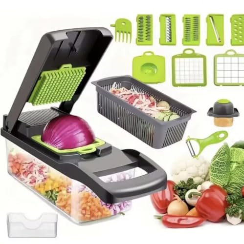 Tagliaverdure Multifunzione 16 in 1, Mandolina da Cucina Professionale con 7 Lame in Acciaio Inox, Tritatutto Manuale per Verdure, Frutta e Formaggio, Contenitore e Grattugia, Grigio/Verde