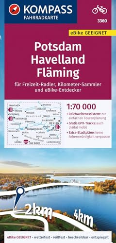 KOMPASS Fahrradkarte 3360 Potsdam, Havelland, Fläming mit Knotenpunkten 1:70.000: reiß- und wetterfest mit Extra Stadtplänen