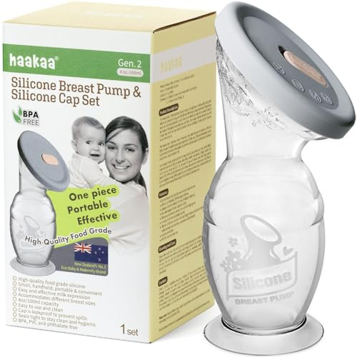 haakaa 100 ML Handmilchpumpe mit Silikondeckel und Saugfuß, Transparent Manuelle Brustpumpe, Silikon Milchpumpe & Muttermilchauffänger, Gesund und Harmlos