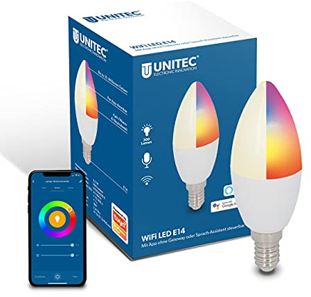 UNITEC WIFI LED Glühbirne E14 CCT RGB, dimmbare WLAN Lampe, Farbwechsel, Kalt-/Warm-/Neutralweiß, mit Timer und Zeitschaltuhr
