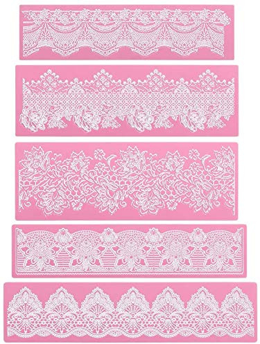 Alfombrilla de silicona de encaje, 5 piezas de encaje de azúcar, moldes de encaje de silicona, moldes de encaje para tartas, fondant, herramientas para decoración de tartas, diseño de flores