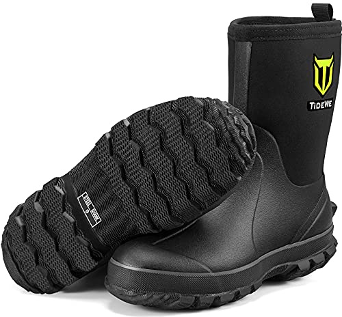 TIDEWE Rubber Boots for Men, 5.5mm Neoprene Insulated Rain Boots with Steel Shank, Waterproof Mid Calf Hunting Boots, Sturdy Rubber Work Boots for Farming Gardening Fishing (Black Size 9)