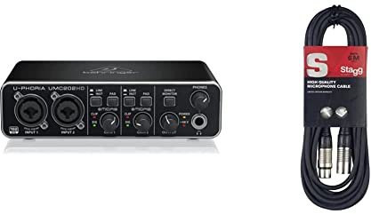 Behringer U-PHORIA UMC202HD, interfaccia audio 2x2 USB, 24-Bit/192 kHz, con preamplificatore microfonico Midas per audiofili & Stagg Cavo di Alta Qualita XLRf a XLRm Plug Microphone, 6 m, Nero