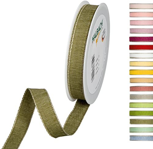 Halbach Dekoband mit Leinenkanten, 15 mm x 20 m, olivgrün/leinen | Dekorationsbändchen mit Leinenkanten, meliert, wetter-/farbecht, Made in Germany und Öko-Tex 100 zertifiziert