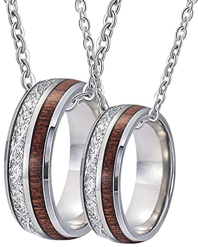 Epinki Preis für 2 Halskette Pärchen Edelstahl, Holz Kohlefaser Halskette Partner mit Gravur Silber mit Ring Anhänger für Frauen & Männer, Breite 8MM - Herrenkette 60cm, Damenkette 50cm