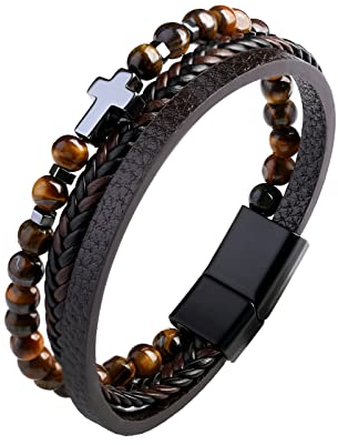 Dochais Herren Armband mit Echtleder und Edelstahl, Jesus Christus Kreuz mit Magnet Verschluss, Naturstein Geflochtenes Armband, Schmuck Geschenke für Männer (Braun, 21cm)