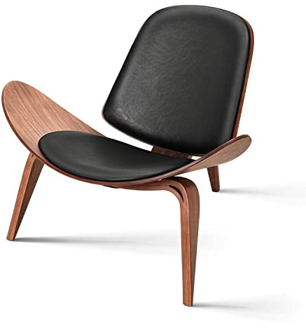 1inchome Mid Century Modern Shell Chair, Faux Leather, Scandinavian Furniture Plywood Classic Tripod Design Solid Wood Accent Lounge Chairs for Living Room, Reading, Lounge, Office, Salon