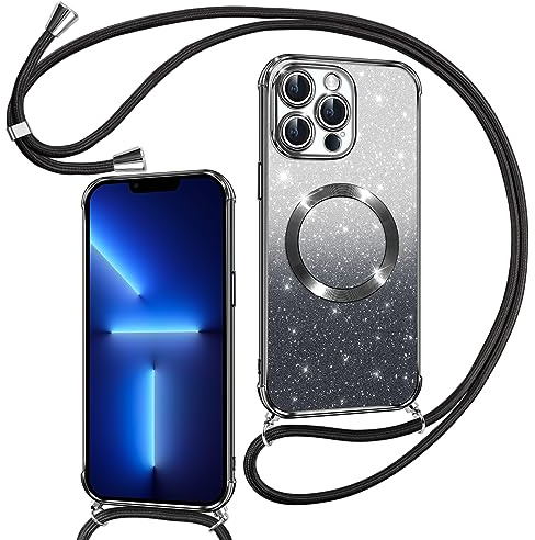 Phoona Hülle für iPhone 13 Pro Max mit Band, Schwarz | [Kompatibel mit MagSafe] Luxuriöse Glitzer Beschichtung Magnetische Handyhülle zum Umhängen Kordel Silikon Stoßfest