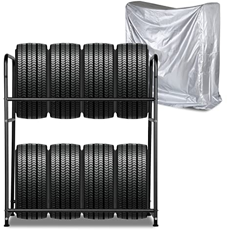 Gimisgu Reifenregal 8 Reifen Reifenständer max. 180kg, Reifenhalter 107 x 46 x 117cm, Höhenverstellbare Regale für Autoreifen, Metall Lagerregal für Garage Keller inkl. Staubschutzhaube (1 Set)