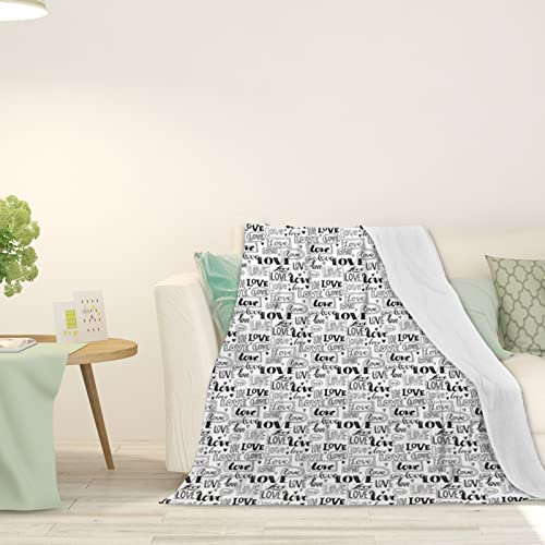Valentinstag-Thema, verdickte Fleece-Überwurfdecke für Couch, Liebeswörter, handgezeichnet, romantisch, Plüsch, flauschig, gemütlich, weiche Decken und Überwürfe für Sofa, Grau Schwarz, 127 x 101,6 cm
