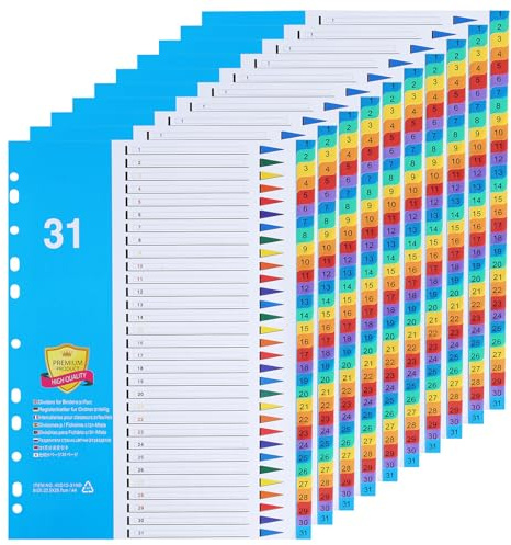 [10 Pack] A4 File Dividers 31 Part Numbered 1-31 with Colour Index Tabs