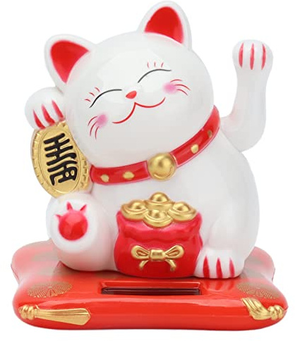 Gsycle Glückskatze, Winkekatze Maneki Neko, Weiße Japanische Glückskatze Mit Winkearm, Solarbetriebene Glückskatze, Glücksbringer, Reichtum, Einladende Katze(Weiß)