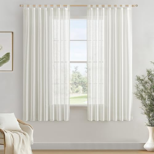 MIULEE Voile Gardinen Vorhänge mit Schlaufen Leineneffekt Halbtransparent Vorhange Elegant Einfach Leinenoptik für Wohnzimmer Schlafzimmer 2er Set, 140×160(H×B), Weiß