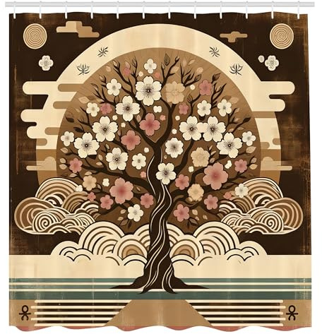 ABAKUHAUS Brun duschdraperi, asiatisk kulturellt inspirerad träddesign grundad stil blommiga grenar, tygtyg med krok, 175 x 200 cm, choklad beige grön
