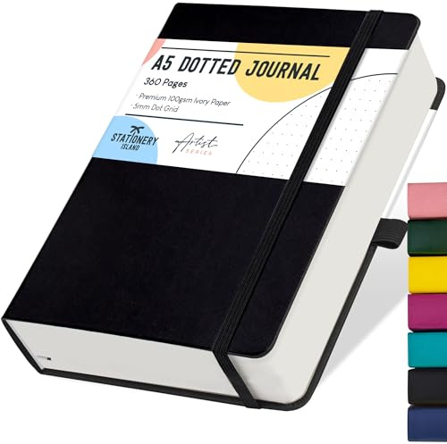 STATIONERY ISLAND Carnet en Notes A5 Pointillé, 360 pg Bullet Dotted Journal Couverture Rigide avec Papier épais de 100 g/m², avec Porte-stylo, Poche Intérieure, 2 Marque-pages